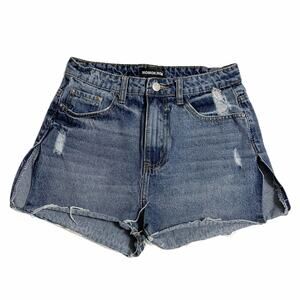 Momokrom Distressed Side Slit Raw Hem High Rise Denim Shorts Size 4